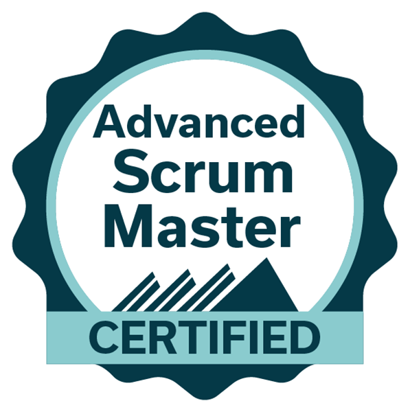 A badge displaying the words 'Advanced Scrum Master Certified' with a stylized mountain graphic. The badge features a teal border and a white center, emphasizing the certification for advanced Scrum mastery, reflecting a sense of achievement in cycle harmony.