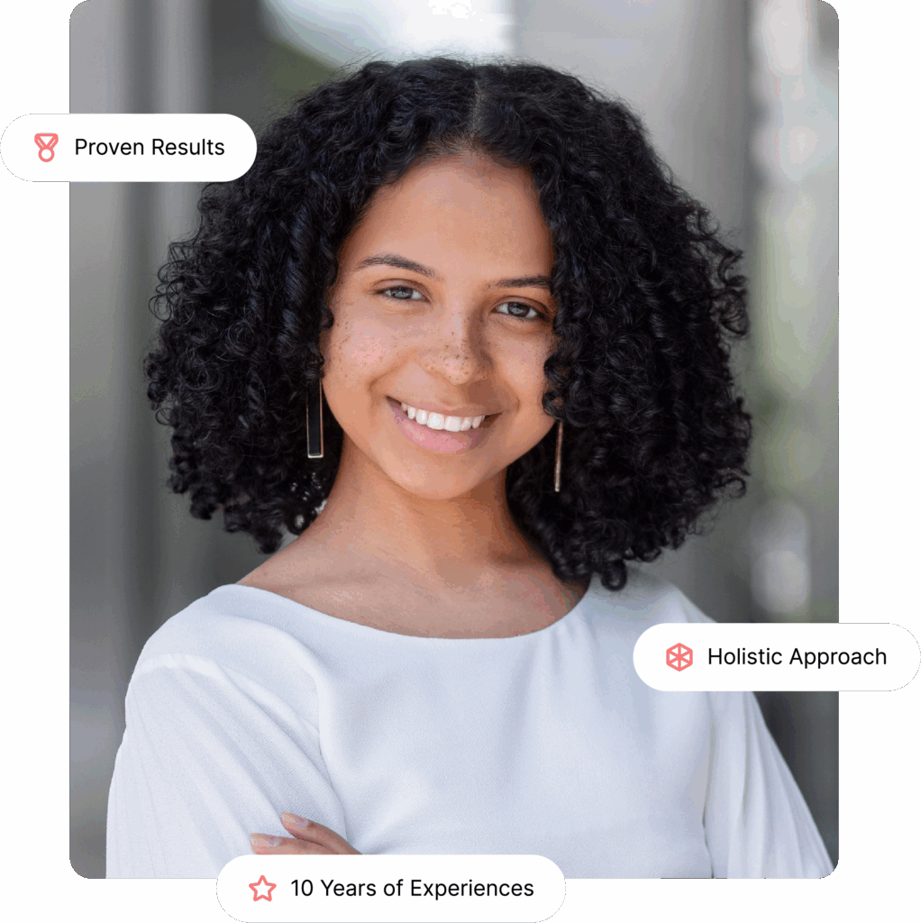 A woman with curly hair smiles confidently, standing outdoors. She wears a white blouse and gold earrings. Surrounding her are text bubbles highlighting her qualifications: "Proven Results", "10 Years of Experience", and "Holistic Approach", emphasizing her expertise in cycle harmony.