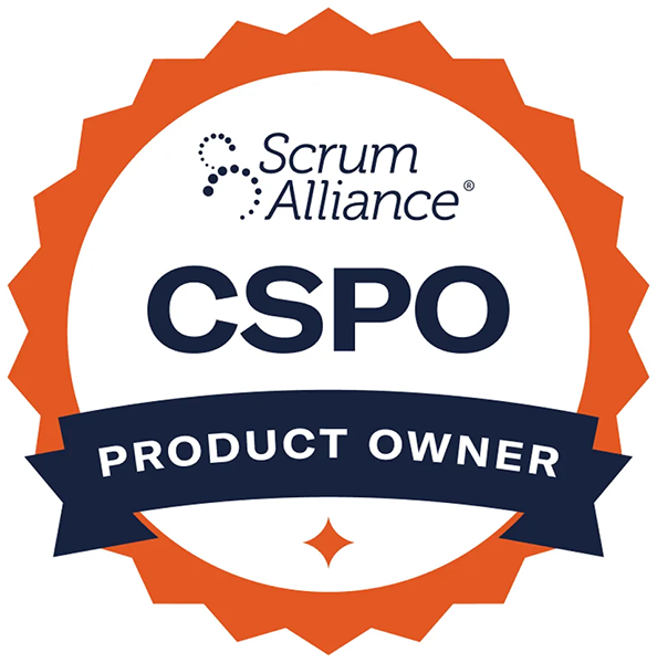 A certification badge for CSPO (Certified Scrum Product Owner) from Scrum Alliance. The badge features an orange border with a star emblem and bold text stating 'CSPO' and 'PRODUCT OWNER' on a white background.