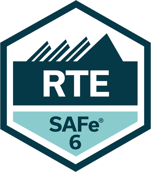 A hexagonal logo featuring the letters 'RTE' prominently displayed in white against a dark background, with stylized mountain peaks above and the words 'SAFe 6' below, all enclosed in a blue-green banner, symbolizing cycle harmony.