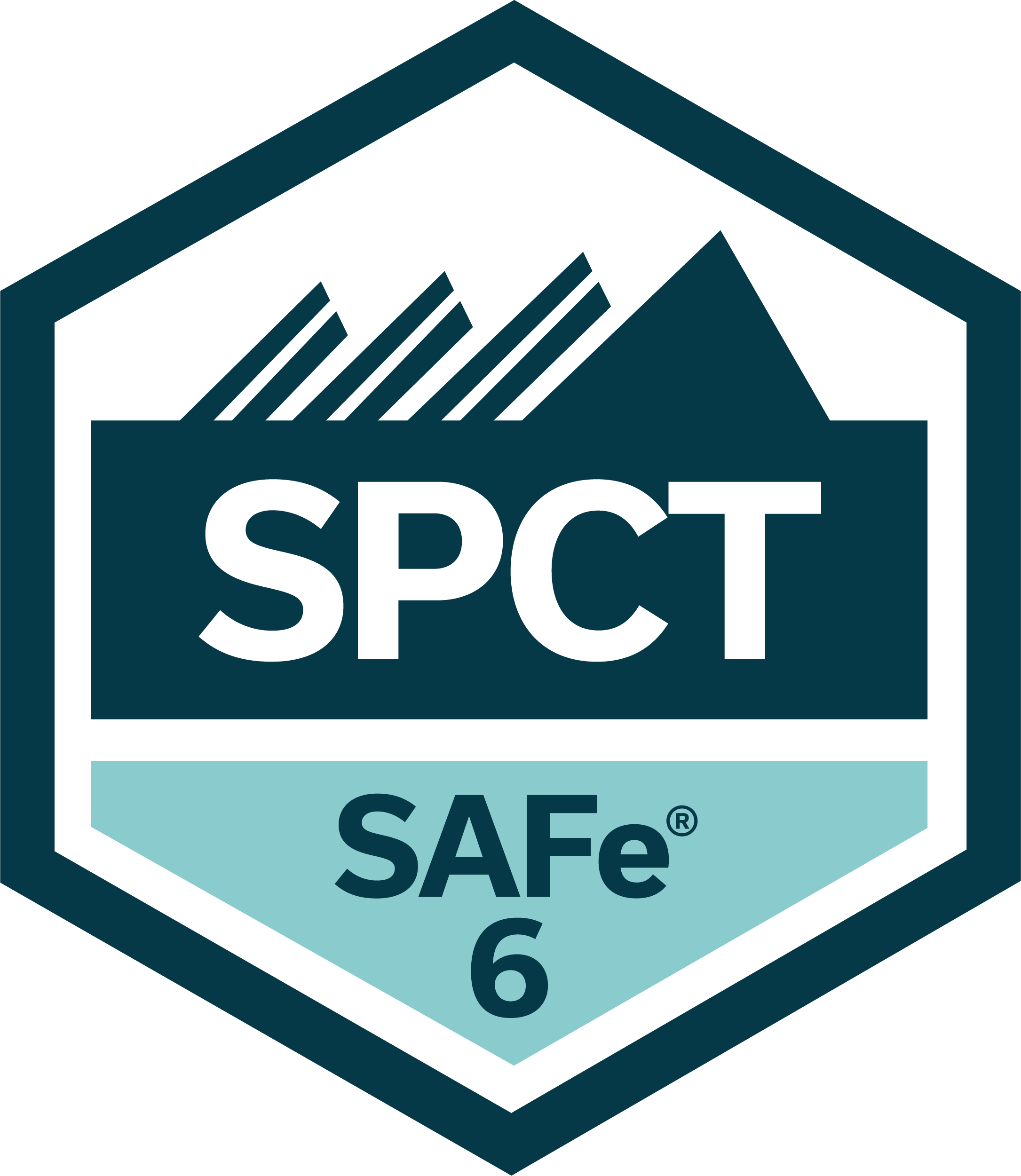 A hexagonal logo featuring the letters "SPCT" prominently displayed in white, set against a dark background. Above the text, there are stylized mountain outlines. Below, the text "SAFe 6" appears within a light blue band, representing a certification related to cycle harmony in project management.